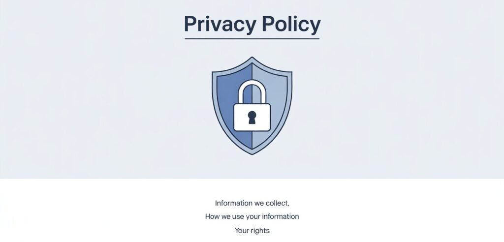 Privacy Policy Flat design illustration showing a secure document with a shield and lock icon, symbolizing user privacy, data protection, and online security for Dogi Media.
