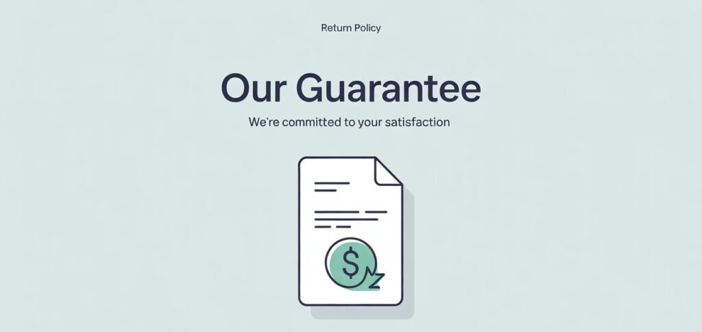 Flat design illustration of a refund policy document with currency symbol and circular return arrow icon, representing money-back guarantee and customer trust for Dogi Media.