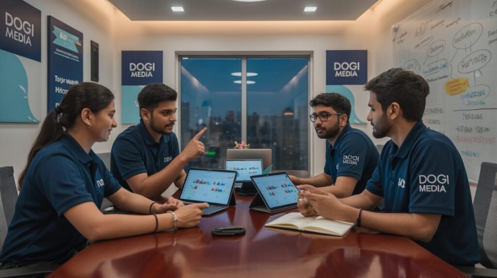 DOGI Media team in branded uniforms discussing strategy around a table in a modern office.