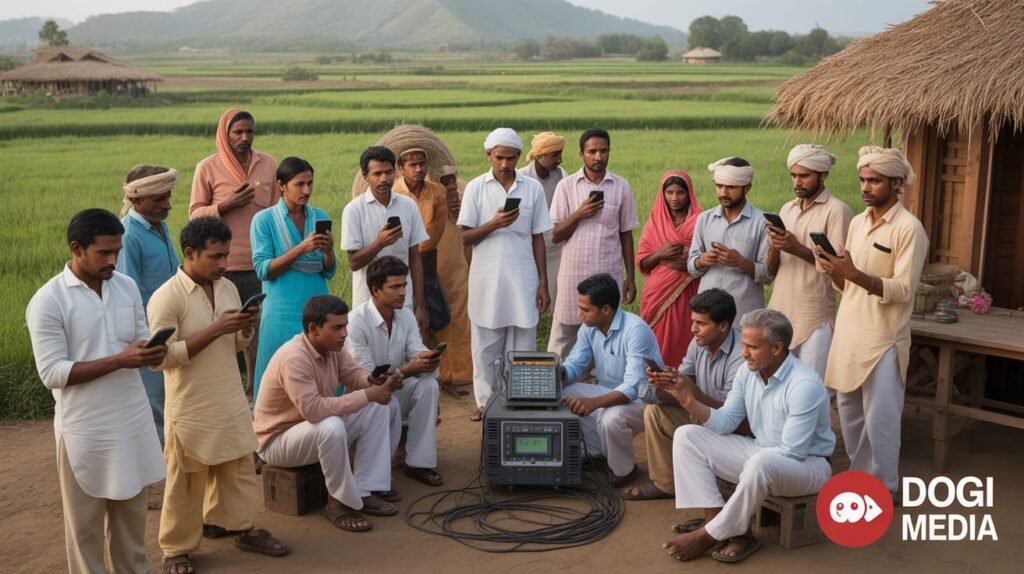 A realistic image of a diverse group of Indian farmers and villagers, including men and women of various ages, using smartphones and gathered around a community radio station in a vibrant rural landscape with green fields, thatched huts, and distant hills. They are dressed in traditional Indian attire such as kurtas, sarees, and turbans, engaging with mobile apps for education and economic empowerment. The scene is lit with natural daylight, and the text 'Dogi Media' is visible in the bottom-right corner within a red circle logo.This is power of media.
