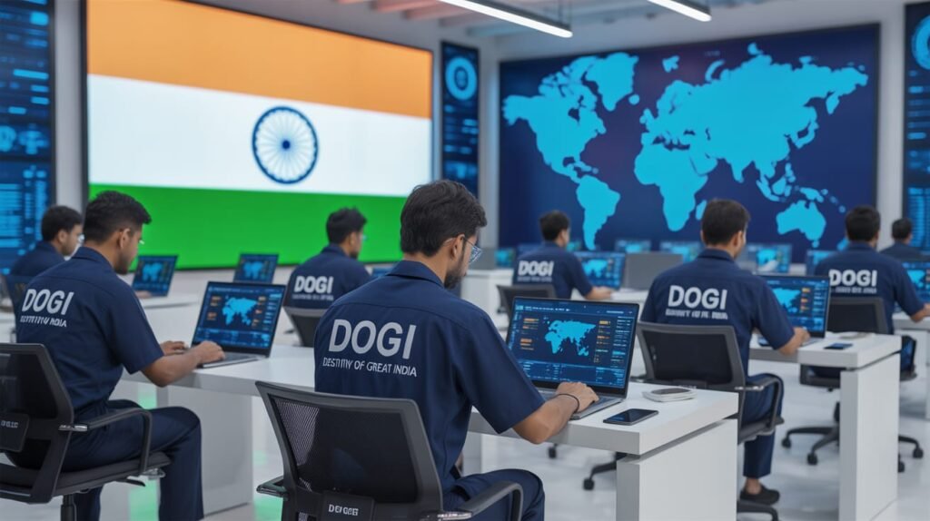 People working at desks in a modern office of DOGI Media, with an Indian flag on one wall, a digital world map on the other, and large "DOGI MEDIA" branding in the background.