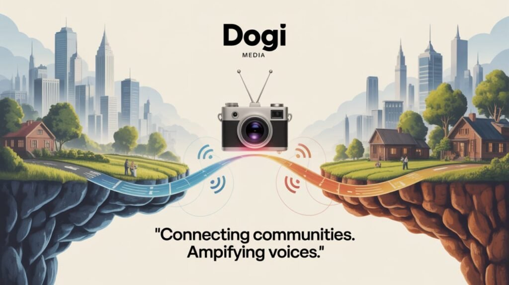 An illustrated scene showing responsible media connecting an urban city and a rural village, symbolizing unity through journalism. A media bridge links both landscapes with DOGI Media branding subtly included.