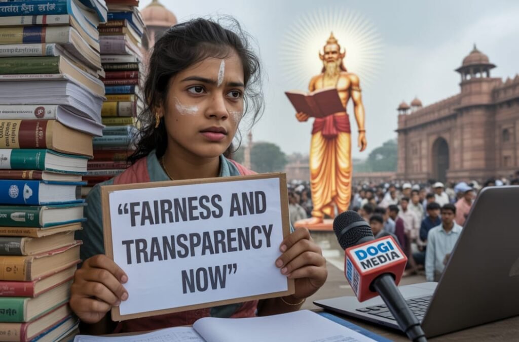 A young Indian student sits on exam preparation books, holding a protest sign demanding fairness. Behind him, a glowing symbolic figure of Vishwaguru Bharat watches over a crowd of students peacefully protesting. A mic labeled "DOGI Media" records the scene, blending modern digital tools with traditional Indian architecture.