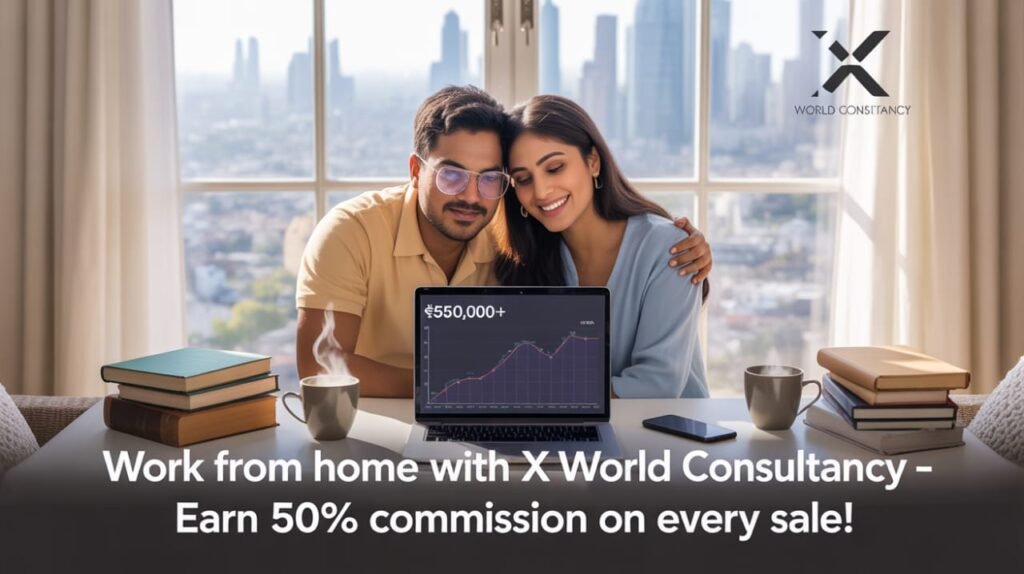 Young Indian professionals working from home on laptops, showcasing X World Consultancy’s 50% commission earning opportunity.
