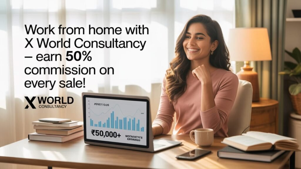 Young Indian professional girl working from home on laptops, showcasing X World Consultancy’s 50% commission earning opportunity.