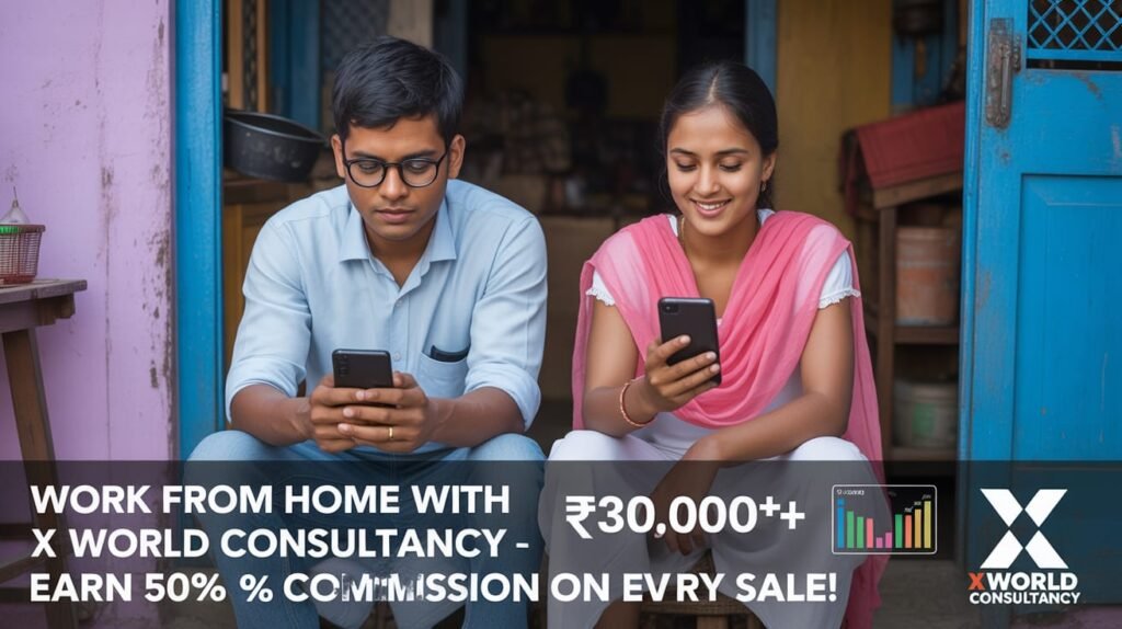 Young Indian man and woman in a rural home working from smartphones, showing ₹50,000+ monthly earnings and promoting X World Consultancy’s work-from-home opportunity.