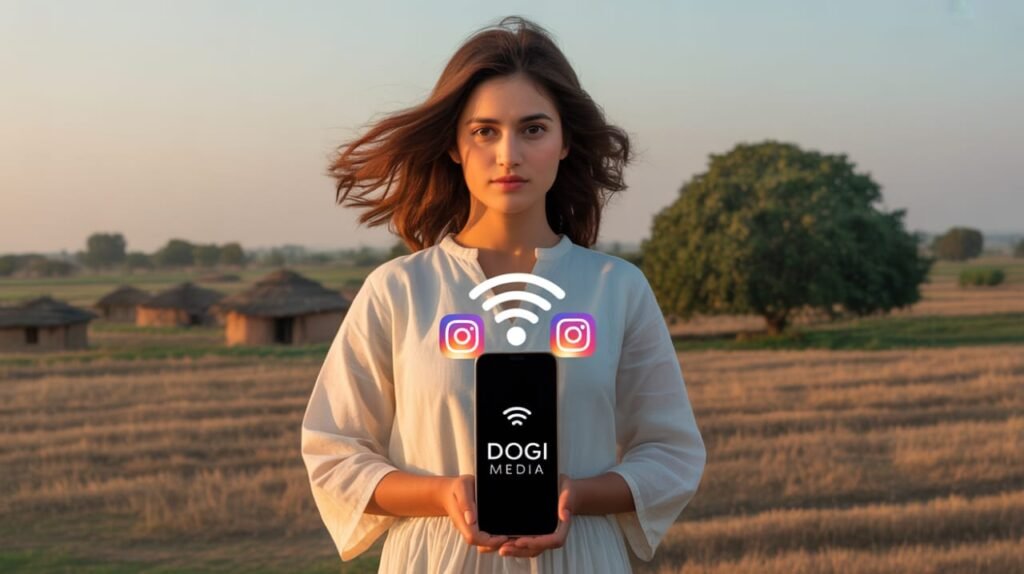 Young woman in a rural setting holding a smartphone with Dogi Media logo, symbolizing the rise of Rural Media through digital platforms.