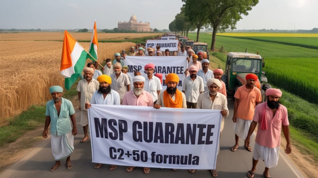 Indian farmers protesting peacefully with banners demanding MSP Guarantee and C2+50 Formula, tractors and wheat-paddy fields in the background, with Parliament building in distance.