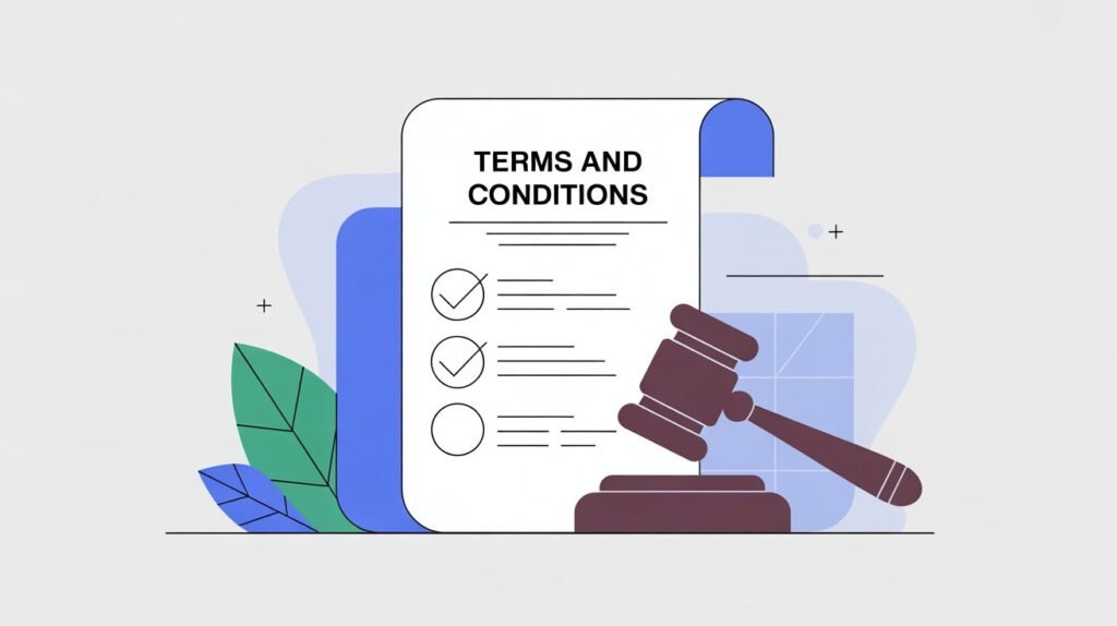 Terms and Conditions – Dogi Media Flat design illustration of a terms and conditions legal document with checkmark and gavel icon, representing rules, compliance, and user agreement for Dogi Media