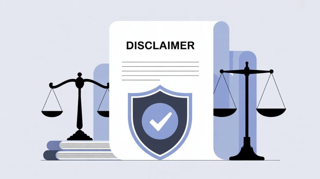 Disclaimer Flat design illustration of a disclaimer page showing a legal shield icon on a document, symbolizing trust, transparency, and responsibility for Dogi Media.