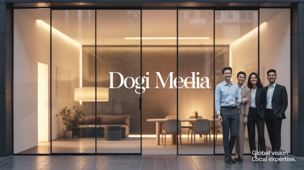 Front view of Dogi Media corporate office entrance with company name on glass wall and charming professional staff standing with a warm welcome.