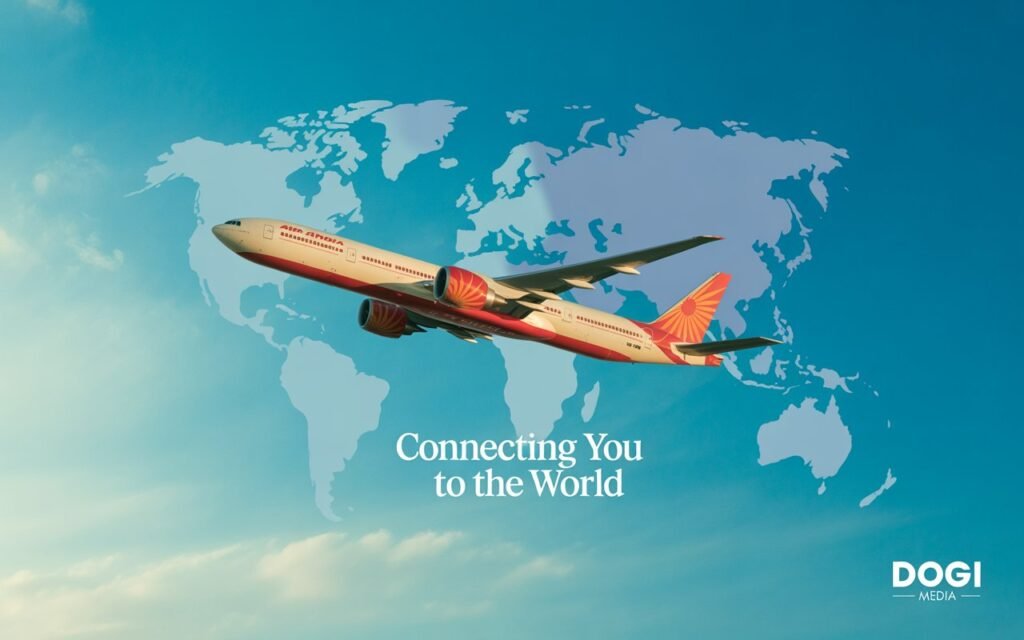 Air India aircraft flying in blue sky with global map background and Dogi Media logo.