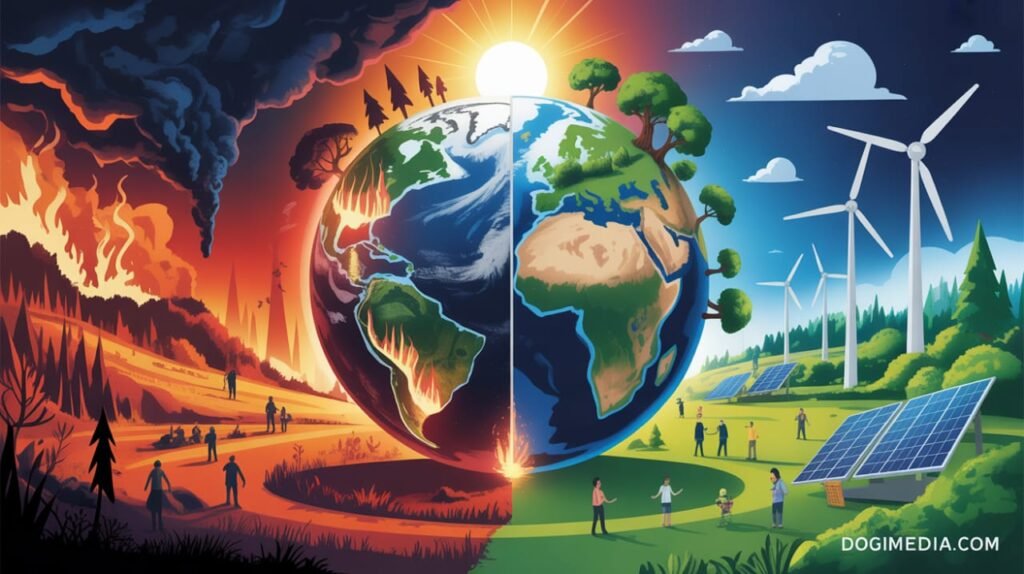Illustration of Earth showing climate change on one side and sustainability on the other, with DogiMedia.com logo.