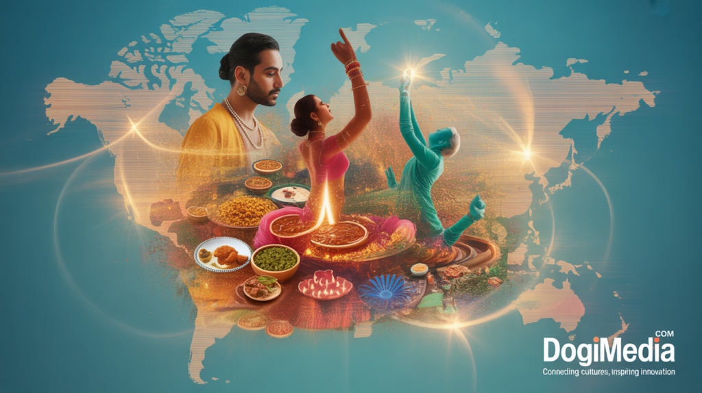 Digital collage showing Indian culture inspiring the world in the digital age, with yoga, Bollywood dance, Diwali celebrations, Indian food, and global network lines — DogiMedia.com logo visible.