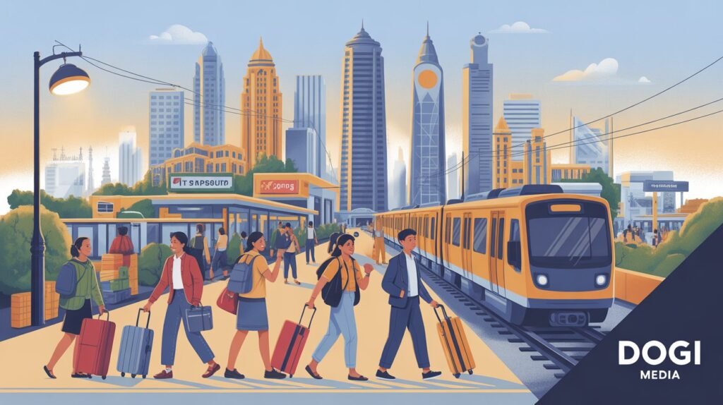 Migration to metro cities in India – people moving for jobs, education, and lifestyle with Dogi Media logo.