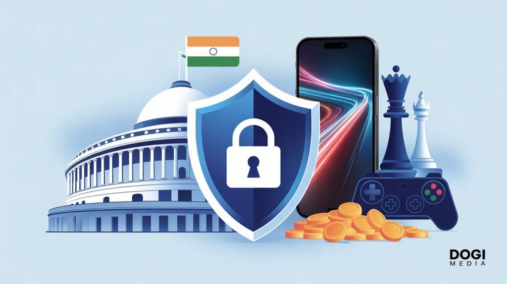 Illustration of India’s Online Gaming Bill 2025 showing parliament, gaming icons, and security shield with Dogi Media logo.