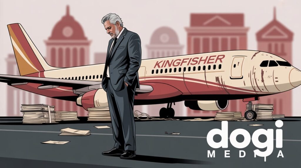 Vijay Mallya Kingfisher scam illustration with airplane and financial collapse, featuring Dogi Media logo