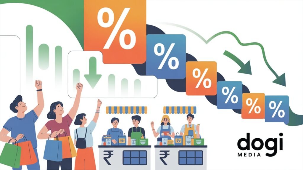 Illustration of GST 2.0 tax decrease in India with falling tax symbols, rupee sign, shopping bags, and Dogi Media logo