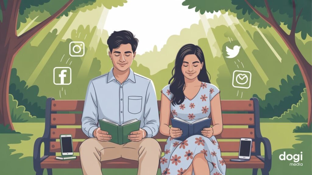 Young Indians enjoying digital detox by putting phones aside and reading books in a peaceful park with Dogi Media logo.