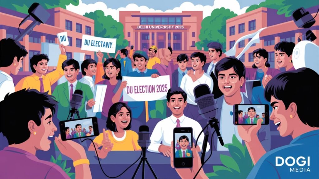 Students campaigning at DU Election 2025 with digital media coverage and Dogi Media logo.