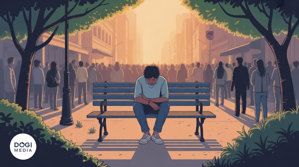 Young person sitting alone on a park bench in an Indian city, symbolizing loneliness among youth, with Dogi Media logo