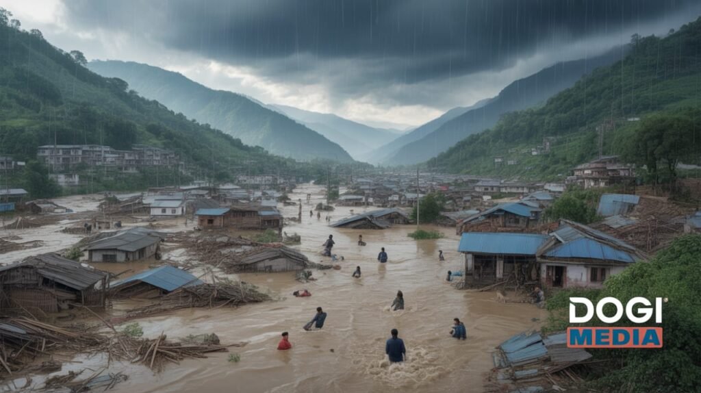 “Floods in Uttarakhand and Manipur showing submerged houses, broken roads, and rescue operations under stormy skies with Dogi Media logo.