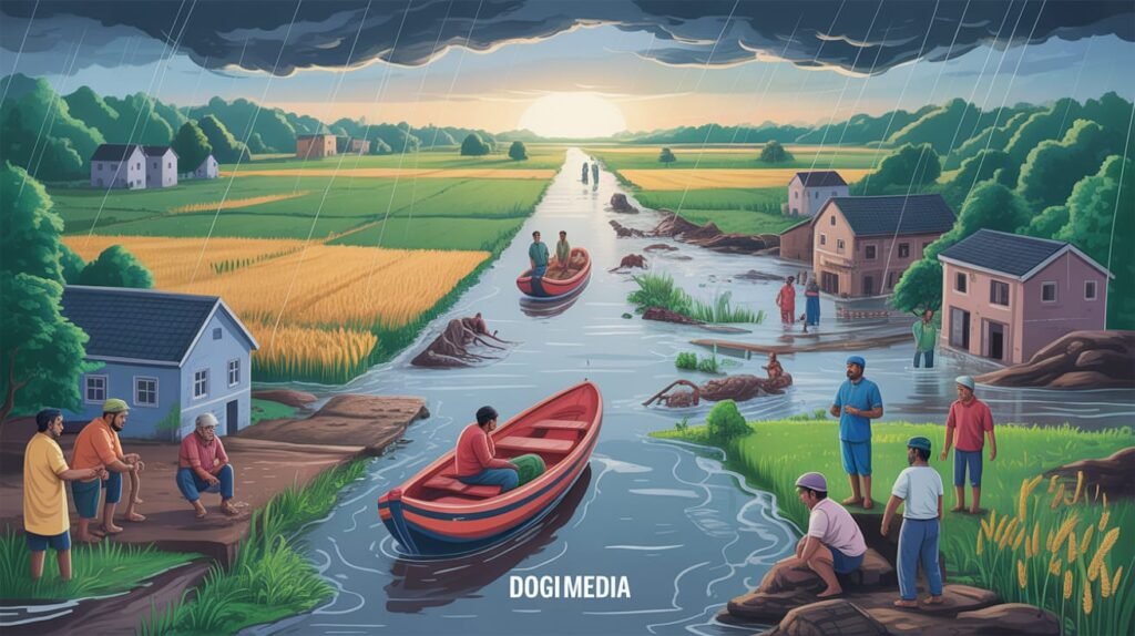 Floods in Punjab and Haryana showing submerged fields, damaged roads, and people awaiting rescue with Dogi Media logo