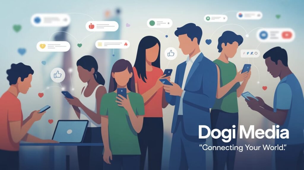 Digital illustration of people connected through social media with icons of likes, chats, and hearts, symbolizing modern relationships, featuring Dogi Media logo