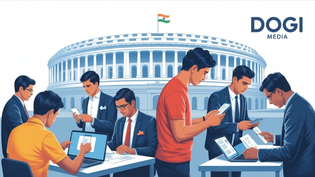 Citizens checking their names in the Pan-India voter list update ahead of 2026 elections with Dogi Media branding.