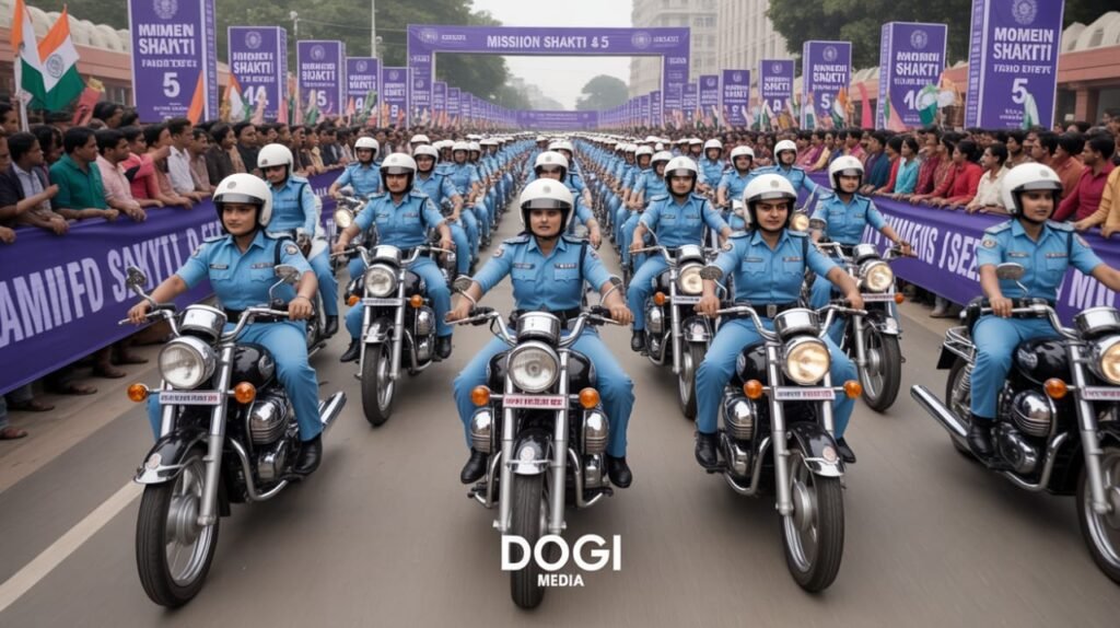 Women police officers participating in Mission Shakti 5 bike rally to promote women’s safety in India.