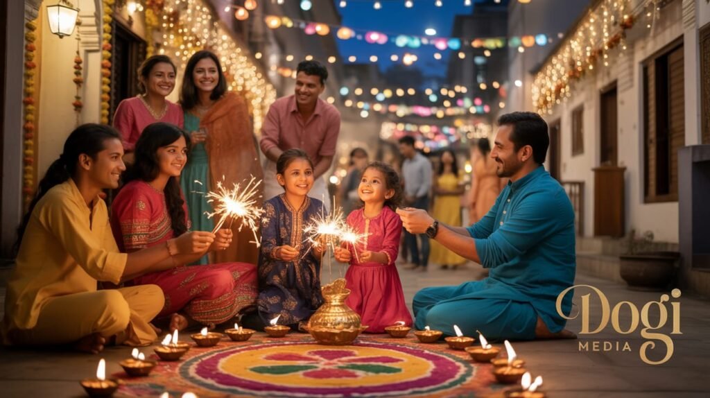 Diwali: The Festival of Lights and Love Indian family celebrating Diwali with diyas, lanterns, and rangoli, featuring the Dogi Media logo