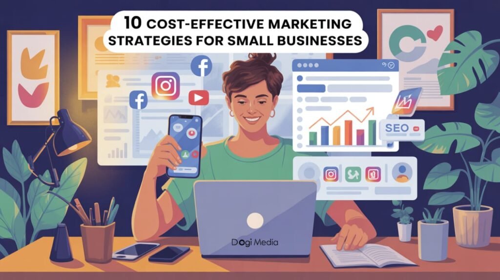 Small Businesses- 10 Marketing Strategies Small business owner using digital marketing tools and analytics with Dogi Media logo in corner.