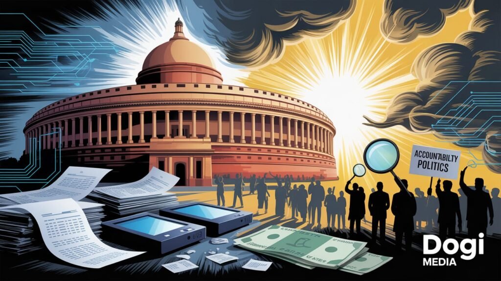 Political Frauds in India- Get some Brief Illustration of Indian Parliament symbolizing political fraud and transparency with citizens demanding accountability, created for Dogi Media blog.