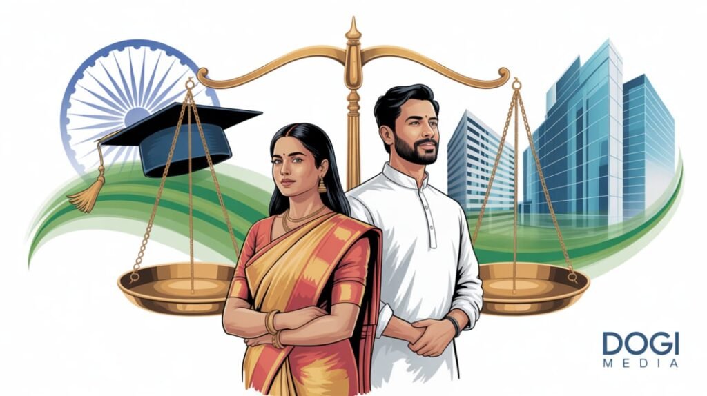 Gender Inequality in India: Challenges & Causes Illustration showing gender equality in India with a man and woman standing balanced on scales, symbolizing equal rights, education, and opportunity — Dogi Media