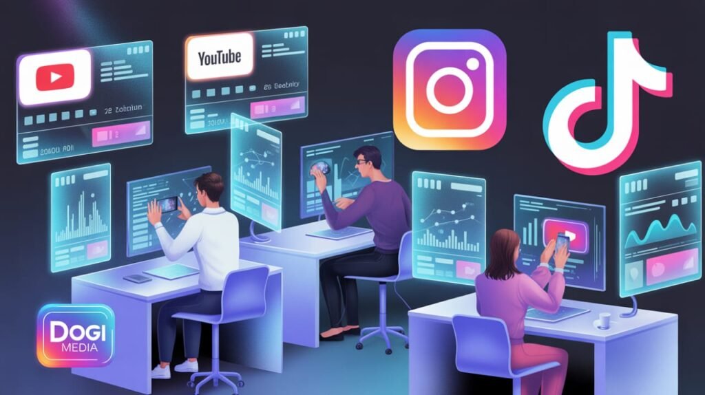 The Future of Influencer Marketing in 2025 Futuristic influencers creating content with AI tools and digital analytics screens, representing the future of influencer marketing in 2025 with Dogi Media logo.