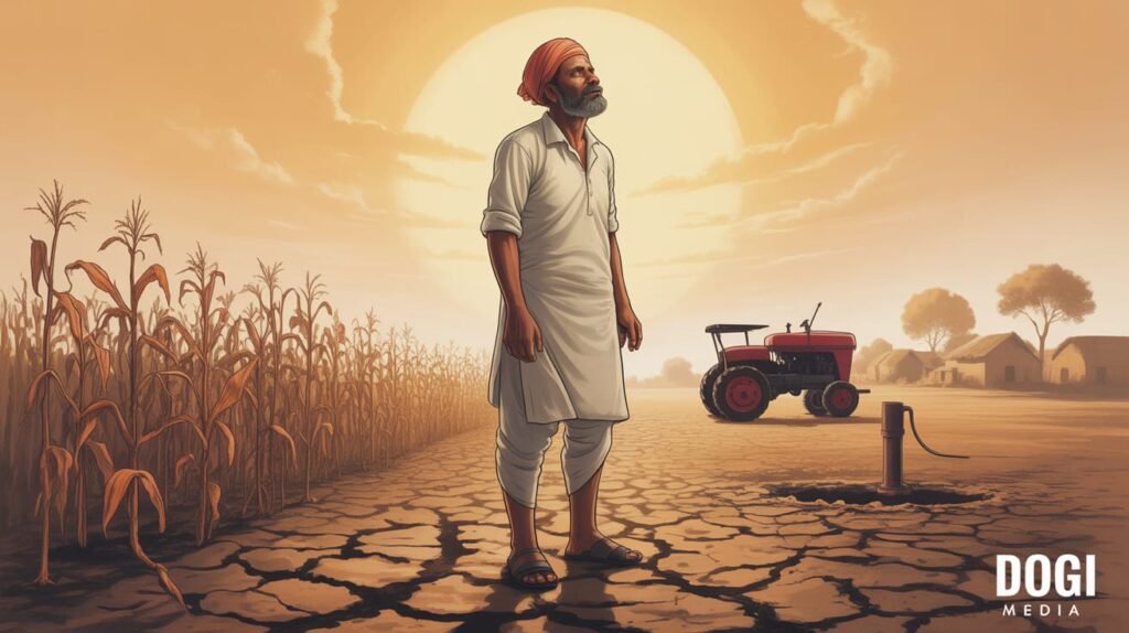 Understanding Agricultural Distress in India An Indian farmer standing in a drought-affected field symbolizing agricultural distress, with the Dogi Media logo.