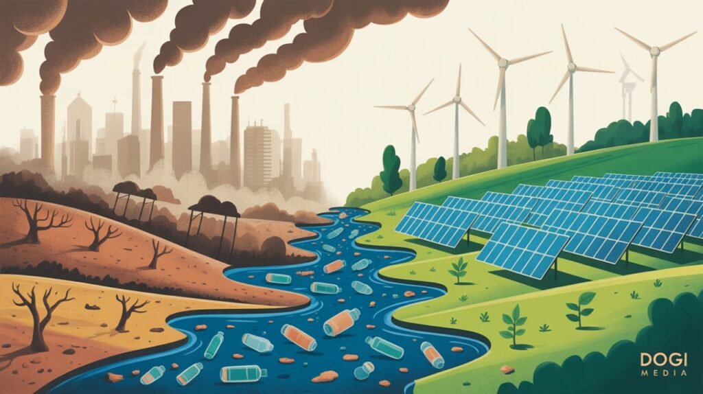 Environmental Issues in India Illustration showing environmental issues in India such as air pollution, water contamination, deforestation, and climate change with Dogi Media logo.